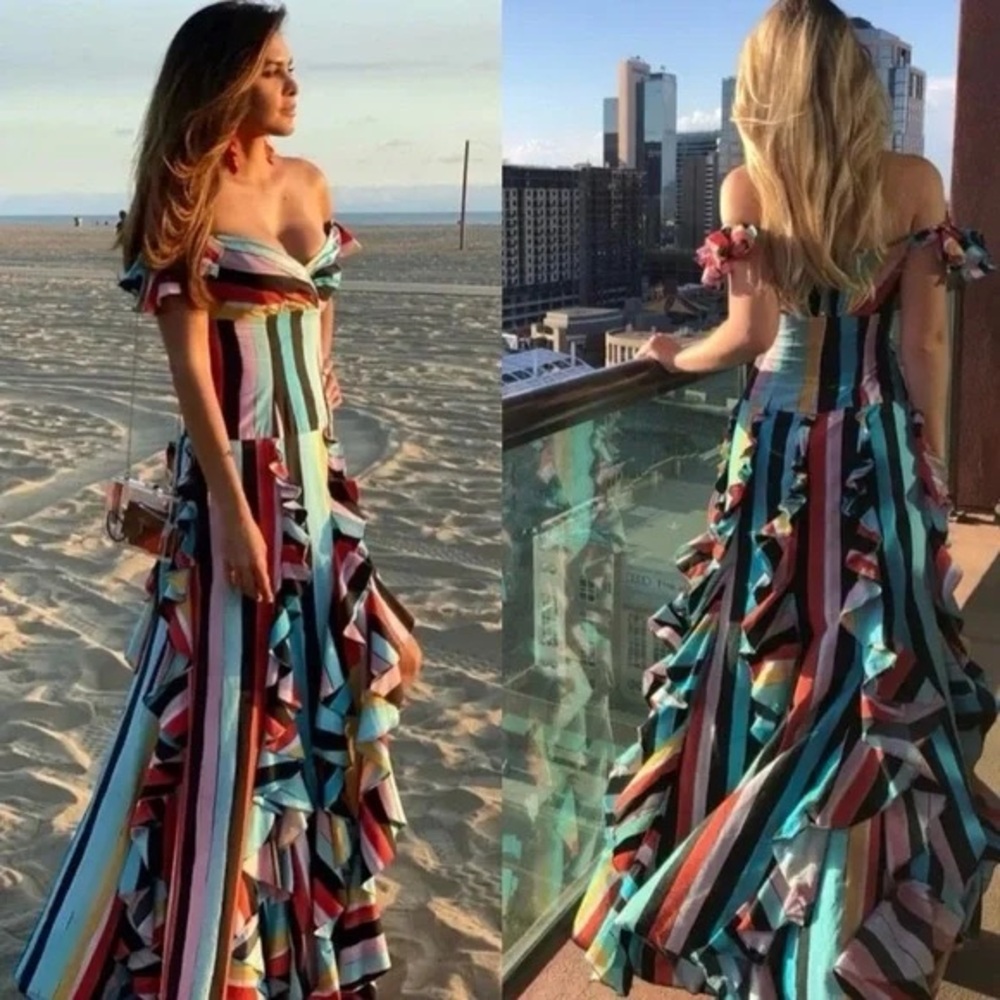 Caroline Constas Rainbow Striped Ruffle Gown Off Shoulder Size Large - Picture 12 of 16